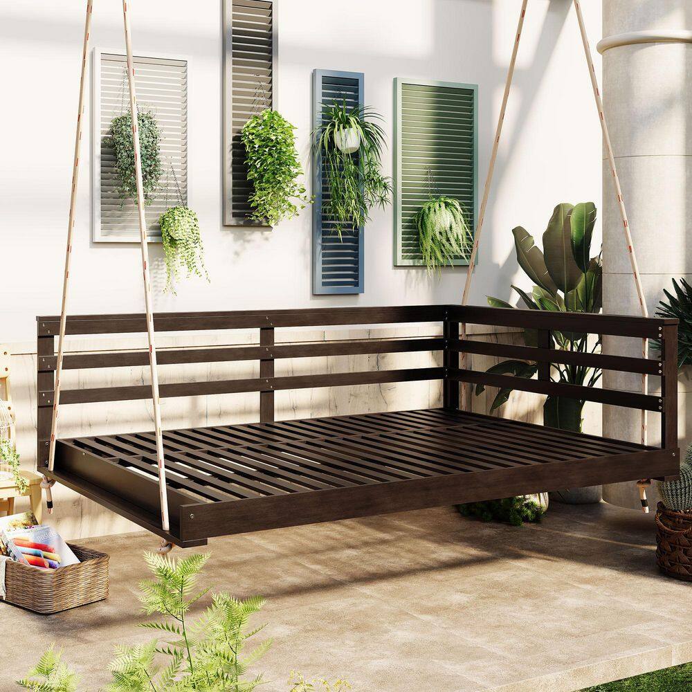 Brown Solid Acacia Wood Porch Swing Bed with Strong Hemp Ropes Full Size Patio Hanging Bed price history on PriceWatchPro