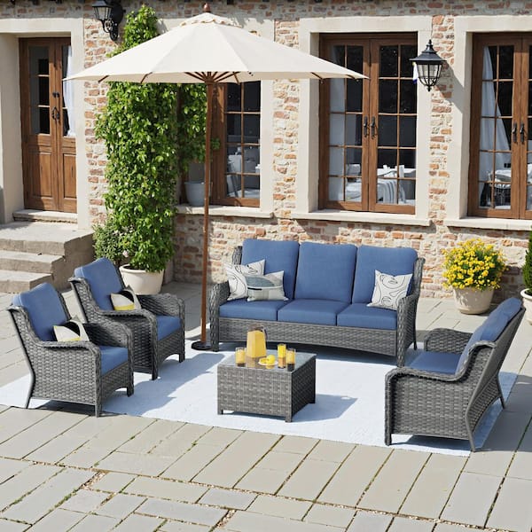 OVIOS Janus Gray 5-Piece Wicker Patio Conversation Seating Set with Denim Blue Cushions and Coffee Table