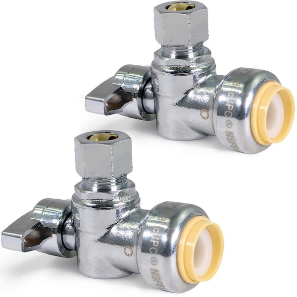 The Plumber's Choice 1/2 in. Push x 1/4 in. Comp Push-Fit Water Supply Stop Angle Valve Quarter Turn, Lead Free Chrome Plated Brass 2 Pack