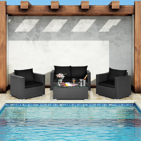 4-Pieces Wicker Patio Rattan Conversation Set Sectional Sofa and Coffee Table with Black Cushions