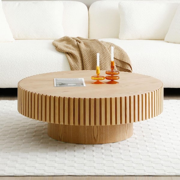 39.7 in. Brown MDF Nesting Round Wood Coffee Table with Sturdy Pedestal for Apartment