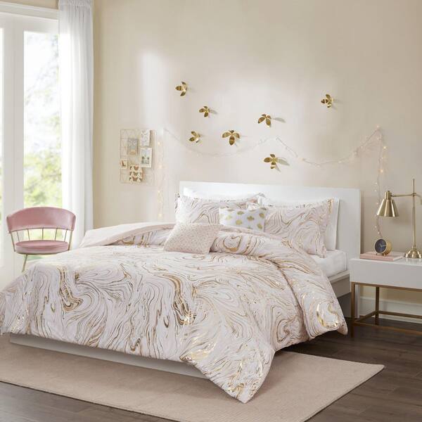 Intelligent Design Natalia 4-Piece Blush/Gold Twin/Twin XL Metallic Printed Microfiber Duvet Cover Set