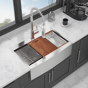 33 in. Farmshouse Single Bowl 16 Gauge Brushed Nickel Stainless Steel Kitchen Sink with Bottom Grids