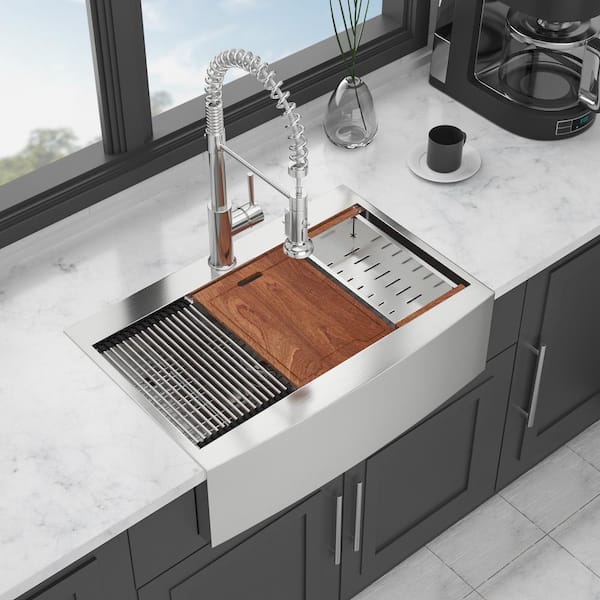Unbranded 33 in. Farmshouse Single Bowl 16 Gauge Brushed Nickel Stainless Steel Kitchen Sink with Bottom Grids