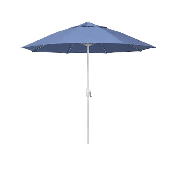 California Umbrella 7.5 ft. Matted White Aluminum Market Patio Umbrella Fiberglass Ribs and Auto Tilt in Frost Blue Olefin