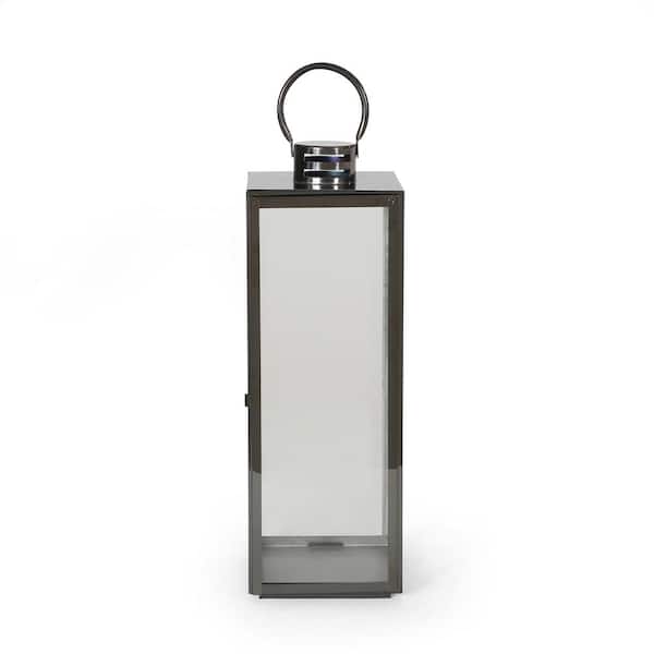 Noble House Hawkeye Black Candle 23.75 in. Stainless Steel Outdoor Patio Lantern