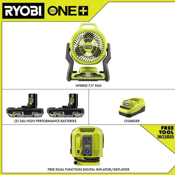 ONE+ 18V Cordless Hybrid 7.5 in. Fan Kit w/ (2) 2Ah Batteries, Charger, w/ FREE ONE+ 18V Cordless Inflator/Deflator