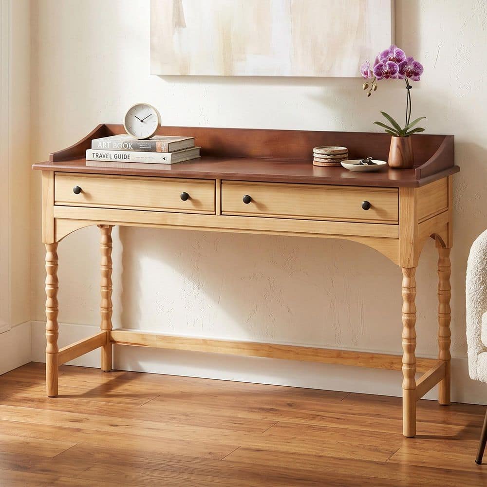 Modern 54 in. Rectangular Brown and Natural Finish Wooden 2 Drawers Writing Desk Console Table with Turned Bobbin Leg price history on PriceWatchPro