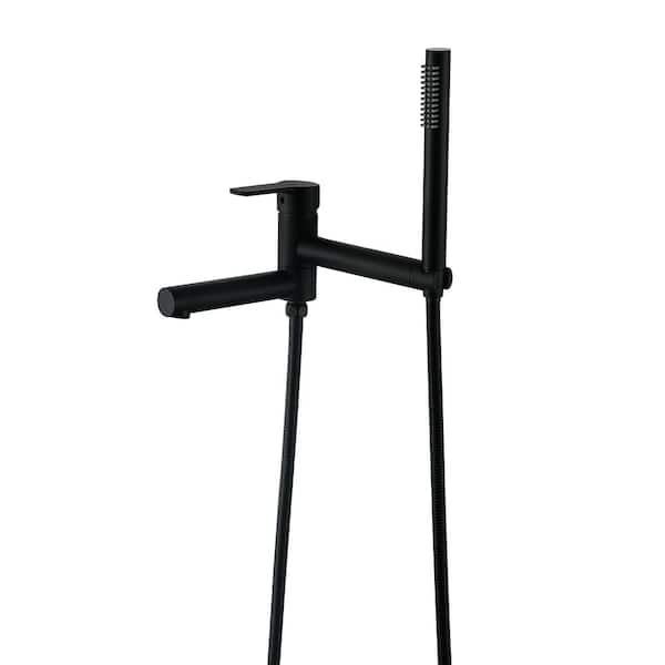 Single-Handle Freestanding Tub Faucet Wall Mount Roman Tub Faucet with Hand Shower in Matte Black