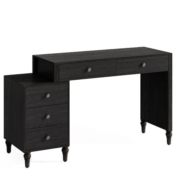 BYBLIGHT Moronia 55.12 in. Black Wood 5-Drawer Computer Desk Writing Desk Table with Print Stand Storage Cabinet