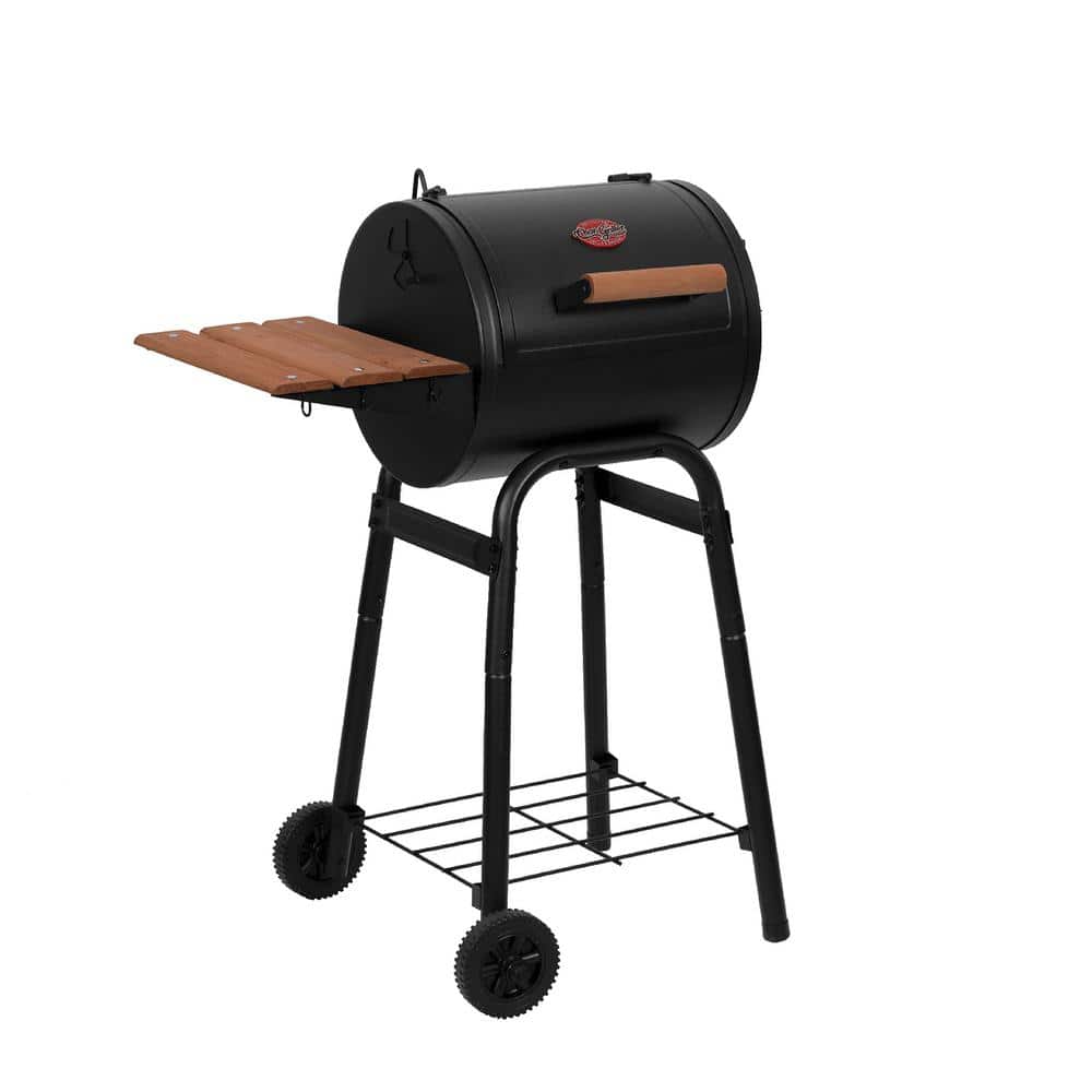 Black Barrel Charcoal Grill with Wood Shelf and Cast Iron Grates