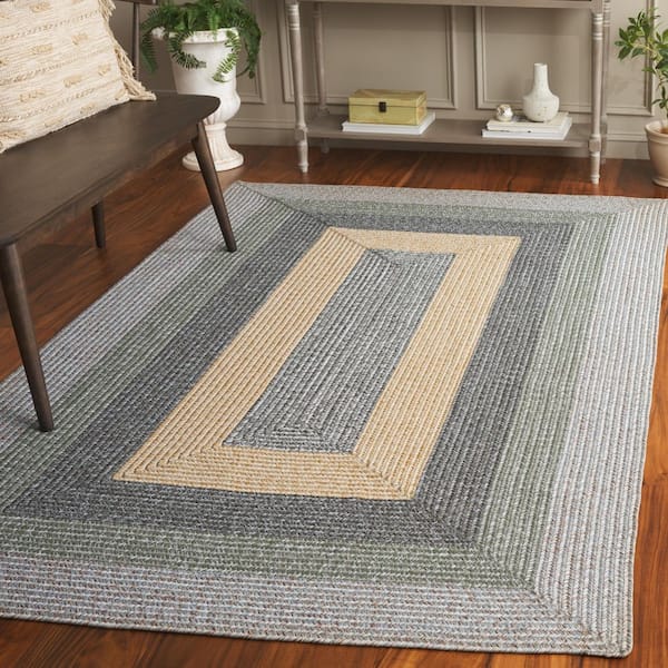 Braided Gray/Green 2 ft. x 3 ft. Machine Washable Solid Striped Border Area Rug