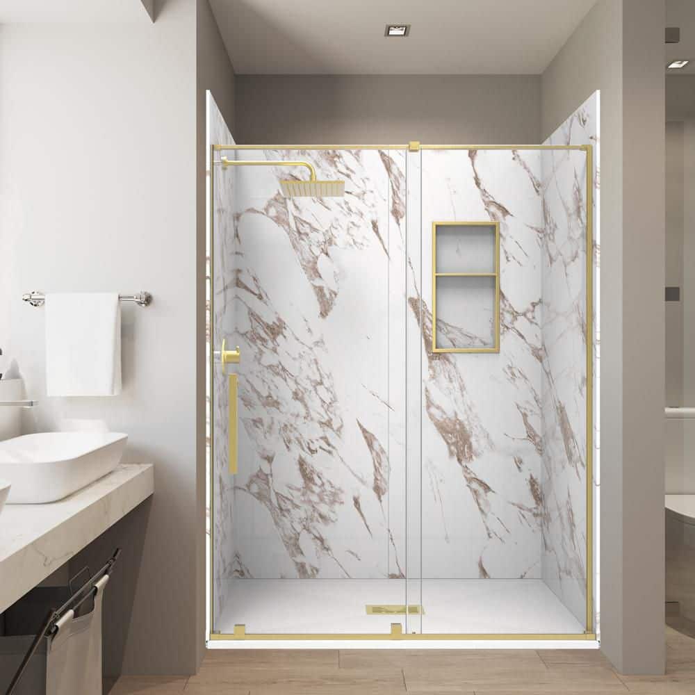 Caramel 36in. x 60in. x 84in. Combo Solid Composite Stone Alcove Shower Kit Matching Brushed Gold Door, Niche & Drain price history on PriceWatchPro