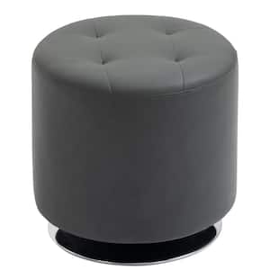 360° Grey Swivel Foot Stool Round PU Ottoman with Thick Sponge Padding and Solid Steel Base