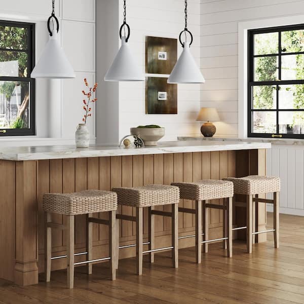 Harvey 25 in. Seagrass Seat and Gray Legs Backless Wooden Counter Height Bar Stool with Foam Padded Seat