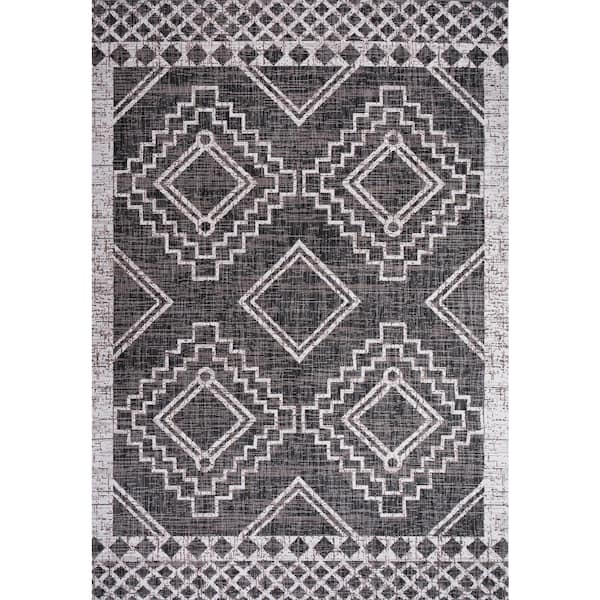 Marokko Diamond Tribal Medallion Black/Ivory 8 ft. x 10 ft. Indoor/Outdoor Area Rug