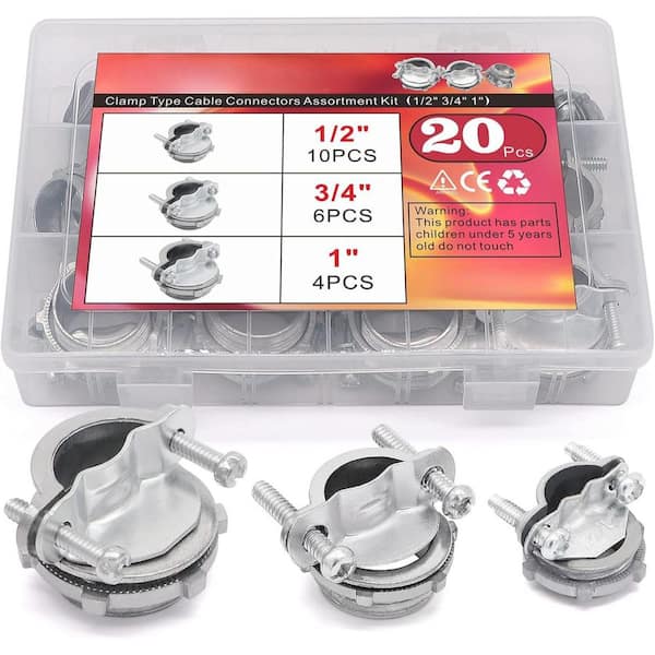 Ahfiwaso 1/2 in. 3/4 in. 1 in. Zinc Alloy Clamp Type Cable Connectors Assortment Kit Romex Cable Compatibility Silver (20-Pack)