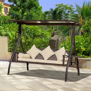 3-Person Metal Flat Pipe Patio Swing with Adjustable Canopy and Beige Cushions Support 800 lbs.