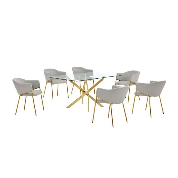 Best Quality Furniture Olly 7-Piece Clear Tempered Glass Top with Gold Chrome Base Dining Set with 6 Grey Linen Chairs