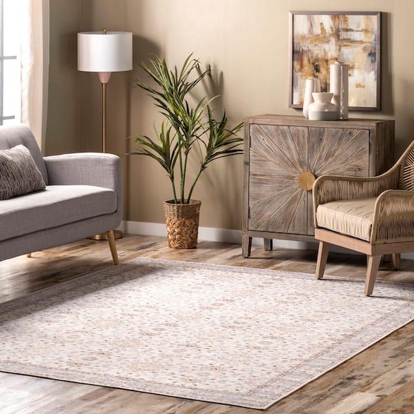 Gemma Machine Washable Transitional Floral Beige 4 ft. x 6 ft. Indoor Area Rug