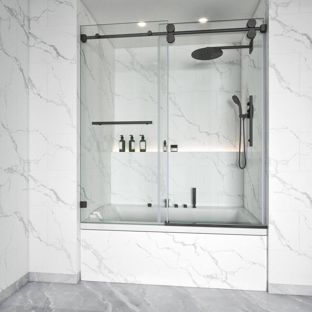 56-60 in. W x 66 in. H Single Sliding Frameless Tub Door with Handle in Matte Black with 3/8 in. Clear Empered Glass price history on PriceWatchPro