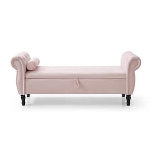 Light Pink Velvet Multifunctional Storage Rectangular Bench with 1-Pillow 24 in. x 63 in. x 22.1 in.