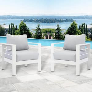 Modern White Single Couch Sofa Aluminum Outdoor Chair Lounge Chair with Gray Cushion (2-Pack)