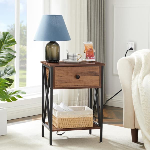 Nightstand with Charging Station, Wooden Nightstand, Metal Frame Bedside Table with USB Ports and Power Outlet, Brown