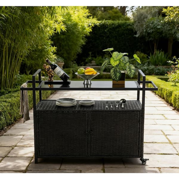 Unbranded Outdoor Wicker Serving Cart with Lockable Wheels, Glass Top, Rolling Rattan Beverage Bar Cart for Party, Black