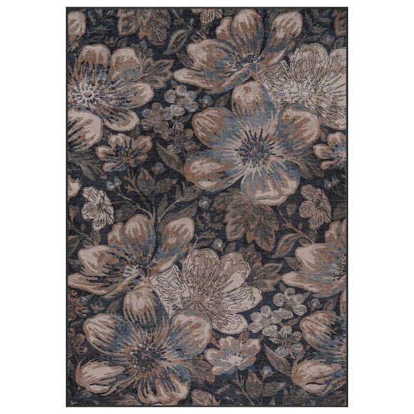 Botanical Bloom Coastal Machine Washable Polyester Non-Slip Backing 8 ft. x 10 ft. Blue Area Rug