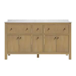 60 in. Double Sink Freestanding Bath Vanity in Walnut Mid Century Wood with White Cultured Marble Top（Assembled）