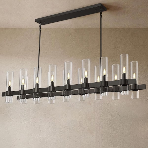 PUYRNF 54 in. 16 Light Dimmable LED Black Rectangular Kitchen Island Chandelier with Glass Shade, for Living Room, Bedroom