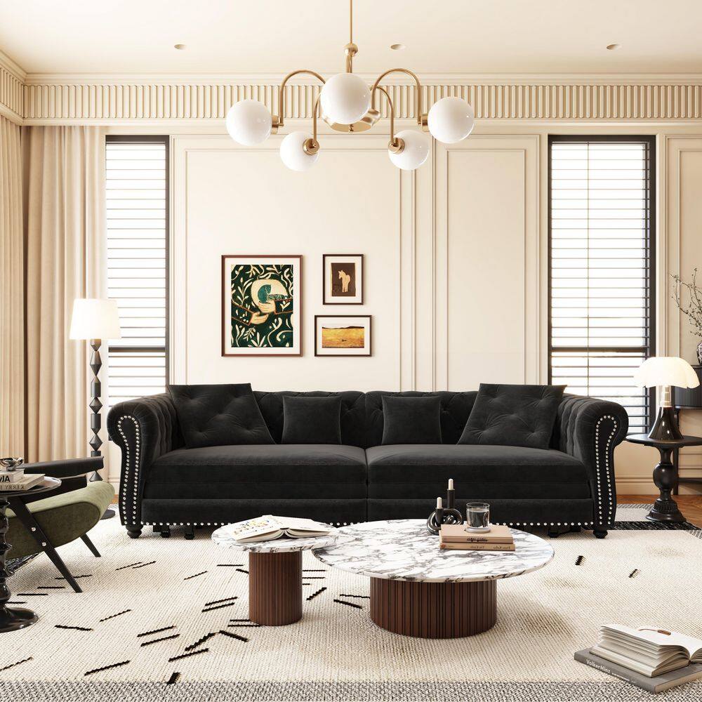 89 in. Flared Arm Velvet Rectangle Sofa in Black with Movable Ottoman