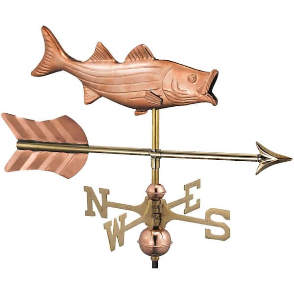 Good Directions Bass with Arrow Cottage Weathervane - Pure Copper w/Roof Mount
