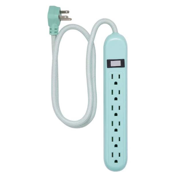 Cordinate 6-Outlet Surge Protector Power Strip with 3 ft. Braided Extension Cord Decorative, Mint
