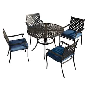 5-Piece Metal Outdoor Dining Set with Blue Cushions
