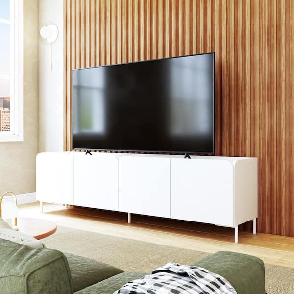 Manhattan Comfort Bogardus White Mid-Century Modern TV Stand Fits TVs up to 65 in. with 4-Shelves and Cable Management