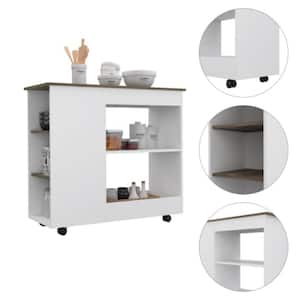White Wood Kitchen Cart Rectangle with 2 Storage Shelves, 3 Side Shelves Four Casters