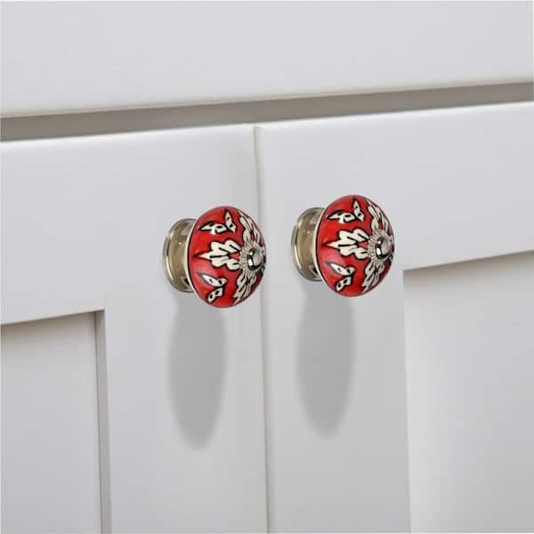 Leaf On Red 1-3/5 in. (40 mm) White and Red Cabinet Knob