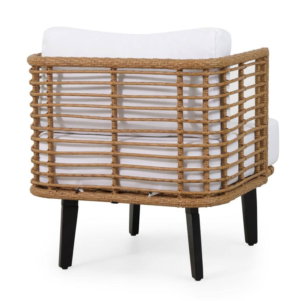 Light Brown Wicker Outdoor Club Chair with White Cushions, Set of 2