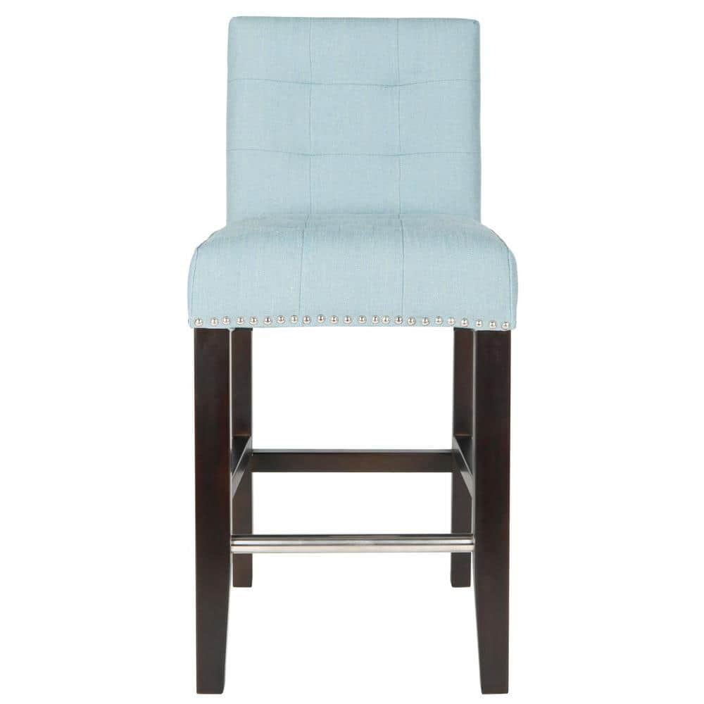 Transitional Sky Blue Leather & Metal Counter Stool with Silver Nailheads