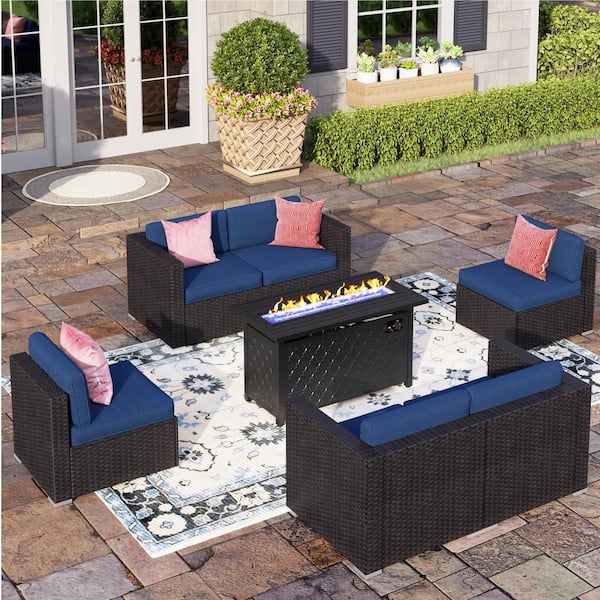 PHI VILLA Dark Brown Rattan Wicker 6 Seat 7-Piece Steel Outdoor Fire ...