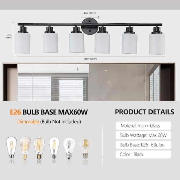 Sunpez 38.6 in.W 6-Light Vanity Light Black Modern Bathroom Mirror Light with Frosted White Glass, E26, No Bulbs Include