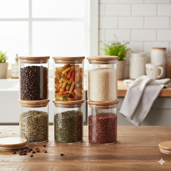 6-Piece Glass Food Storage Jars Set with Airtight Bamboo Lid and Labels Clear Canisters for Kitchen Organization