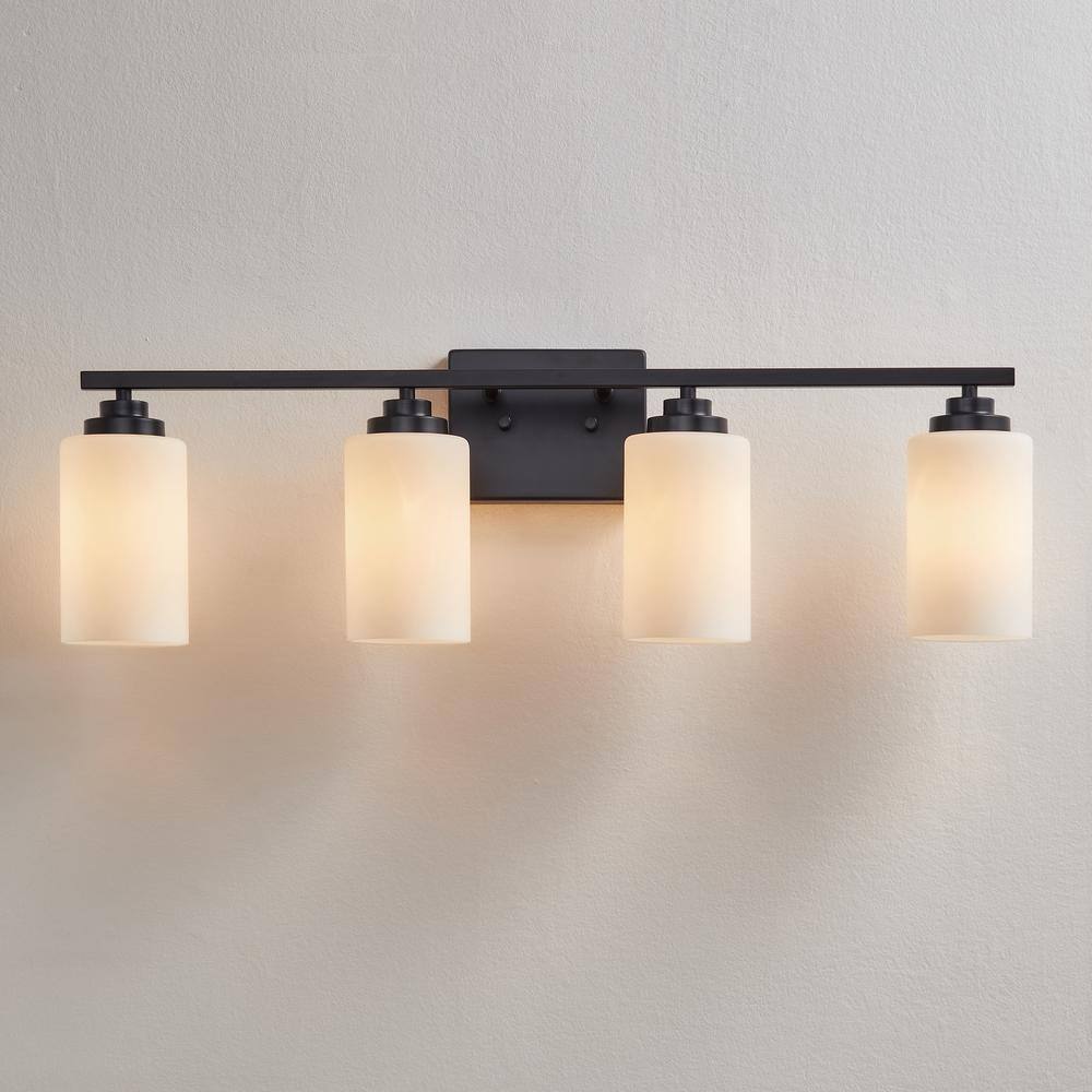 30 in. Black Steel 4-Light Dimmable Vanity Light with Frosted Glass Shades