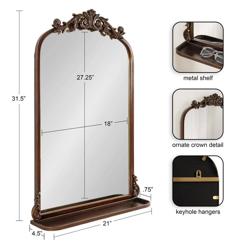 Arendahl Bronze Arch Mirror with Ornate Shelf, 21 x 32