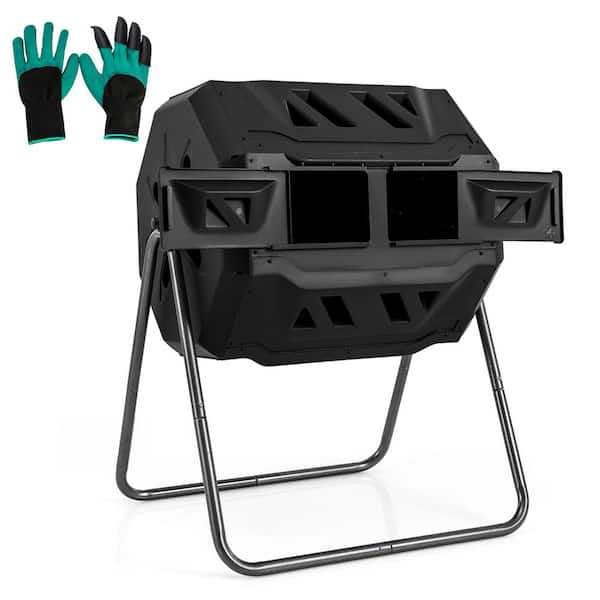 Costway 42 Gal. Compost Bin Dual Chamber Composting Tumbler with 2 Sliding Doors Metal Frame Black