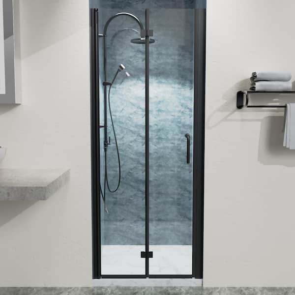 Unbranded 30 in. W x 72 in. H Bifold Semi-Frameless Shower Door in Black Finish with Clear Glass