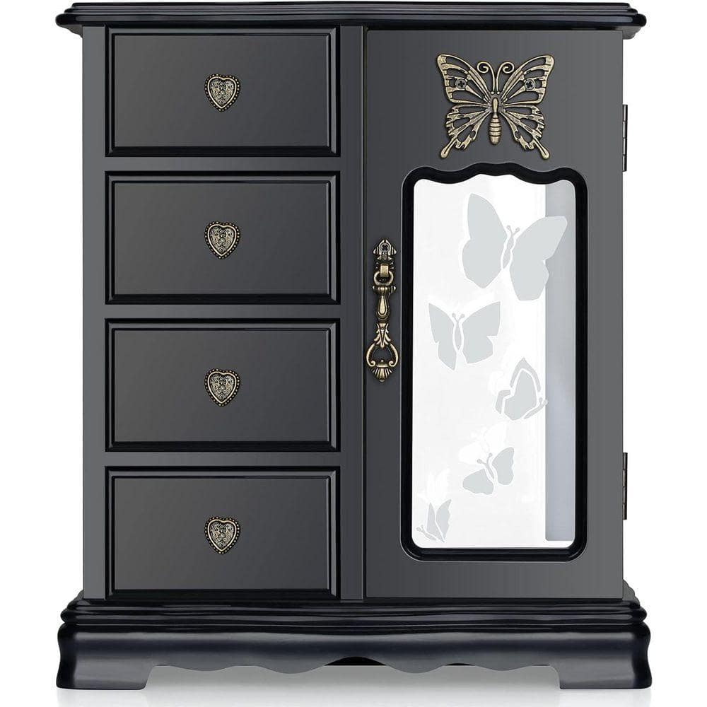 Wooden Jewelry Box with 4-Drawers Built-in Necklace Carousel and
