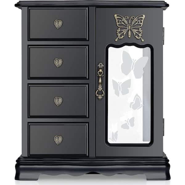 Wooden Jewelry Box with 4-Drawers Built-in Necklace Carousel and